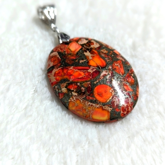 Lovely Large Oval Painted Jasper Necklace/Pendant on Black Adustable Cord - Picture 6 of 10